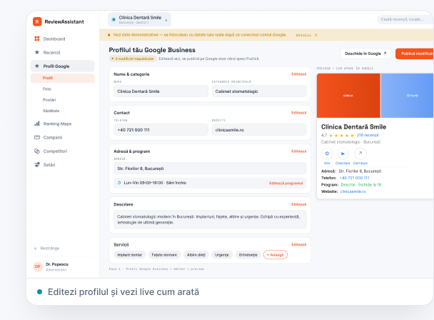 Editorul de profil Google Business cu preview live.